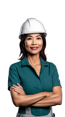 Asian woman wearing hardhat, standing, arms crossed, cut out transparent
