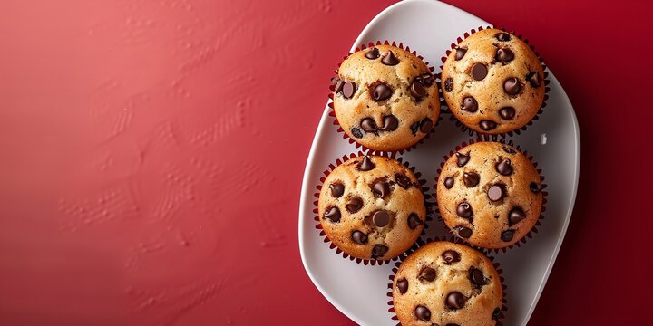 Atop view of petite chocolate chip muffins over a dish with wording and a pale crimson setting lovely delish food and space, Generative AI.