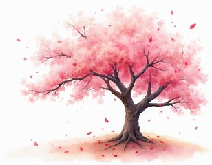 Fototapeta premium Watercolor painting of pink cherry blossom tree with falling petals. Artistic illustration of spring season, nature. Elegant floral design. Whimsical artwork shows soft pastel colors on white