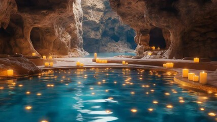 Experience serene relaxation in a tranquil cave pool illuminated by soft candlelight - Powered by Adobe