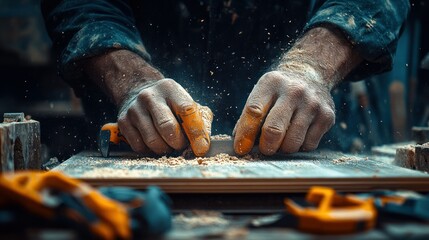 Close-up of carpenter's hands planing wood