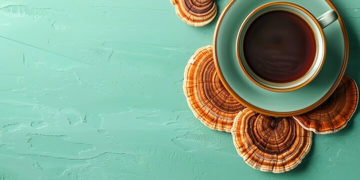 Fresh reishi mushrooms are shown adjacent reishi mushroom coffee in a cup over a pale green setting delish and space, Generative AI.