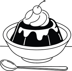 Delicious chocolate cherry pudding dessert in bowl with spoon