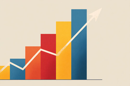 Abstract bar graph with upward trending line, showcasing growth and progress, symbolized by rising bars in orange, red, and blue hues