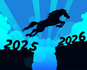 Silhouette of a horse leaping from 2025 to 2026 atop cliffs against a vibrant sky. vector illustration