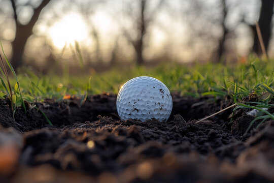 Golf ball in the dirt at sunrise on a quiet course. Green grass bokeh background. Generative AI