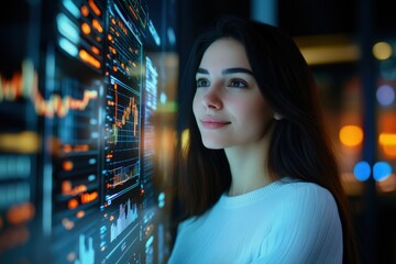 A businesswoman analyzing cryptocurrency trends on a futuristic holographic interface