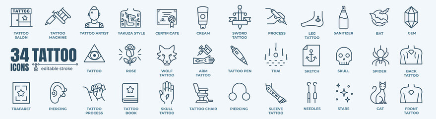 Tattoo vector line icon set. Included icons as skin, body, artist, style, art and more.