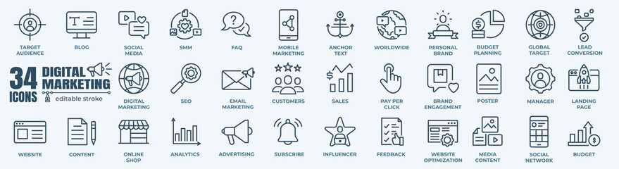 Digital Marketing, E commerce, Branding and Seo- minimal thin line web icon set. Outline editable icons collection. Simple vector illustration.