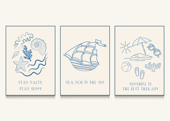 Sea summer banners doodles banner or poster set with a lighthouse, a ship, seashells.  Vector illustration hand drawn posters. Wall art prints decor. Illustration for invitations and much more