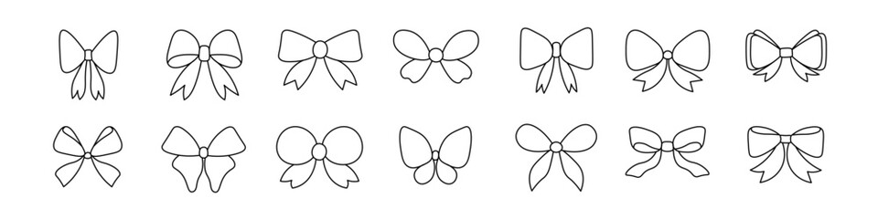 Set of bow icons. Decorative elements in line and outline style. Collection of accessories of different shapes for holiday gift box packaging. Vector illustration.