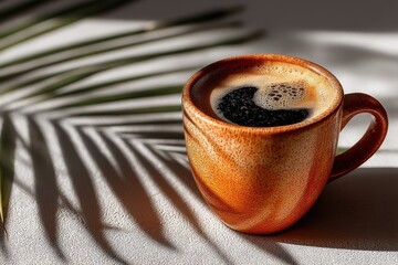 Cup of black coffee casting shadows on a bright surface background