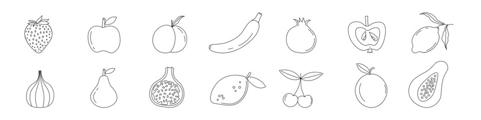 
Linear icons of fruits, strawberry, apple, banana, pear, cherry, papaya in outline style. Vector illustration.
