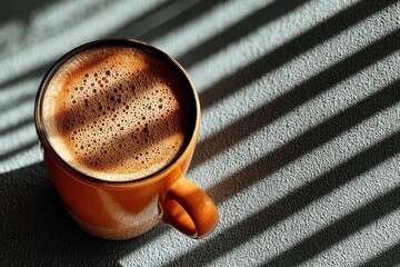Close-up of a coffee cup in sunlight with shadow patterns