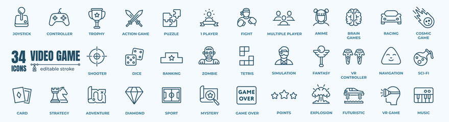 Set of video games, arcade gaming, technology, gadget, esport. Vector icons.