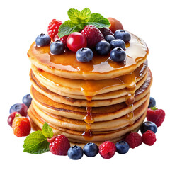 A Stack of Buttermilk Pancakes Topped with Berries and Syrup isolated on transparent baackground