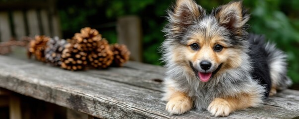 Adorable fluffy puppy posing outdoors on a wooden bench with pine cones