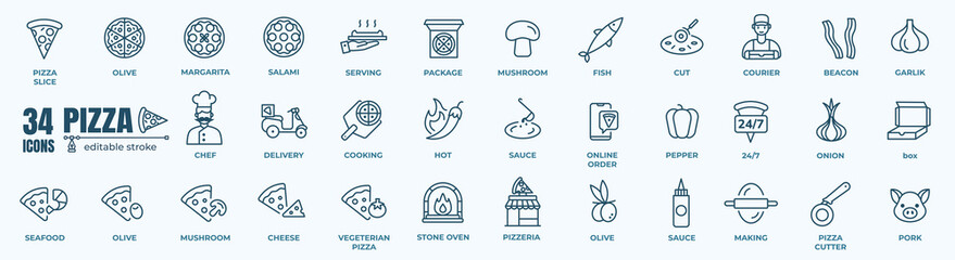 Pizza Related Vector Line Icons. Editable Stroke. 48x48 Pixel Perfect