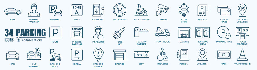 Parking icon set. Car parking solutions icon set: linear style for modern transportation