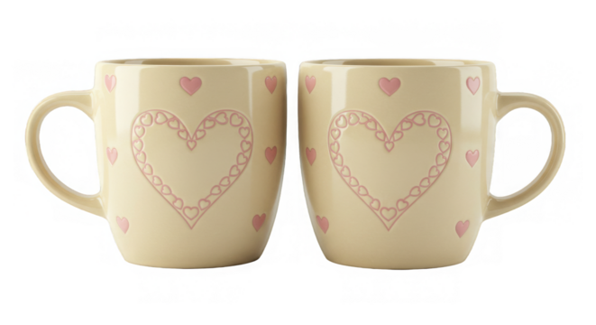 Two mugs displaying pink heart patterns on a creamy background convey affection and tenderness.