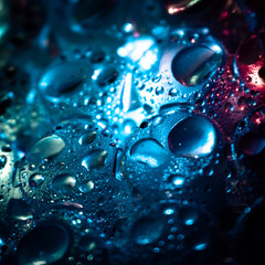 Colorful abstract background with water droplets and glowing bokeh lights on a wet surface – perfect for vibrant textures, decorative patterns, and modern digital design backdrops