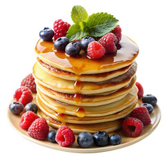 A Delicious Stack of Pancakes Topped with Berries and Syrup isolated on transparent baackground