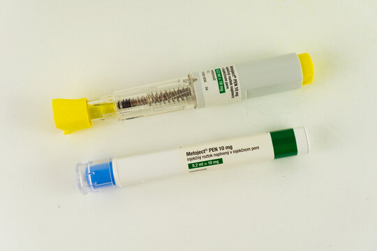 Bratislava, Slovakia, Europe - Jun 02, 2025: Methotrexate injection pens Metoject on white background