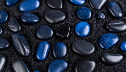 Smooth black and blue stones embedded in fine black sand, forming a sleek and elegant textured surface, ideal for minimalist and calming visual themes