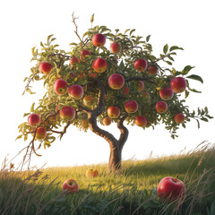 An abundant apple tree bearing ripe red fruit on a golden grassy hill on transparent background