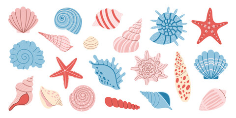 Colorful seashell and starfish set in pastel tones. Ocean marine elements isolated on white. Cute summer collection for beach design, kids decor, tropical themes. Vector illustration.