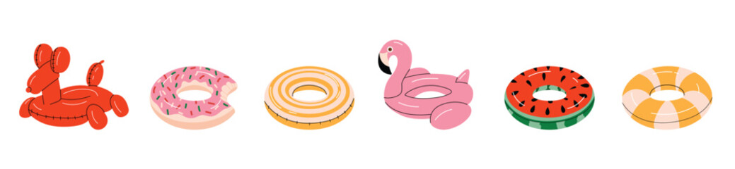 Set of inflatable swim rings and pool floats. Donut, flamingo, watermelon, lifebuoy and dog-shaped pool toys. Colorful summer collection. Vector illustration isolated on white. © Hanna Bykova