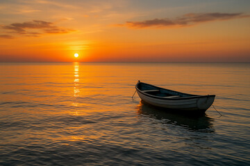 Naklejka premium Boat Floating at Sunset on Calm Sea