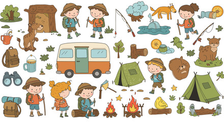 Cute Kids Camping – Flat Vector Illustration of Summer Camp, Hiking, Fishing, Forest Animals & Outdoor Equipment