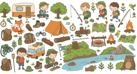 Cute Kids Camping – Flat Vector Illustration of Summer Camp, Hiking, Fishing, Forest Animals & Outdoor Equipment