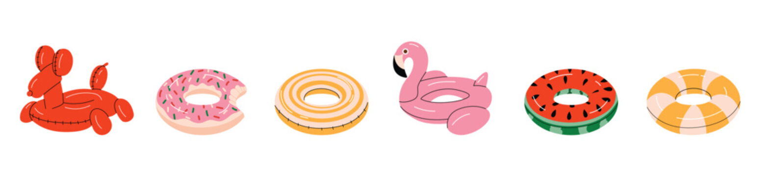 Set of inflatable swim rings and pool floats. Donut, flamingo, watermelon, lifebuoy and dog-shaped pool toys. Colorful summer collection. Vector illustration isolated on white.
