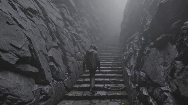 Mysterious ascent through ancient stone stairs in a foggy landscape