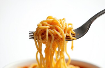 Close-up instant noodles twirled on fork. Cooked pasta dish isolated on white background. Fast food, quick meal, lunch or dinner. Asian cuisine, comfort food. Ready to eat, delicious recipe.