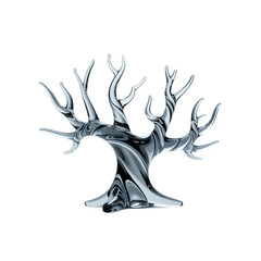 An ethereal glass tree sculpture reflecting abstract life in its curves on transparent background