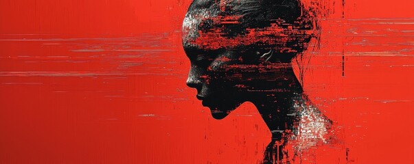 Vivid digital artwork of a glitching humanoid face with red data effects