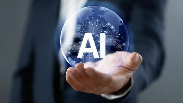 The Future in Hand: A person's outstretched hand cradles a glowing orb etched with "AI," symbolizing the promising intersection of technology and human ingenuity.