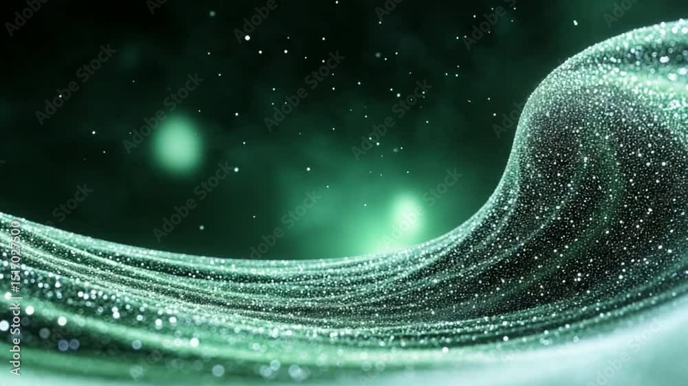 Aufkleber Emerald Flow: Abstract emerald green flowing fabric with shimmering, dewdrop-like particles creates a mesmerizing and ethereal visual effect against a dark background.