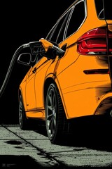 Illustration of a bright orange car being refueled at a gas pump