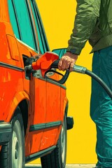 Man refueling vintage car at gas station on bright sunny day