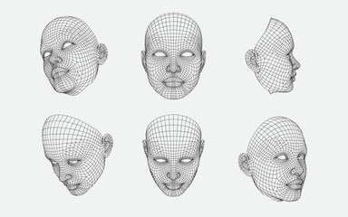 3d wireframe human heads  at different angles, technology concept
