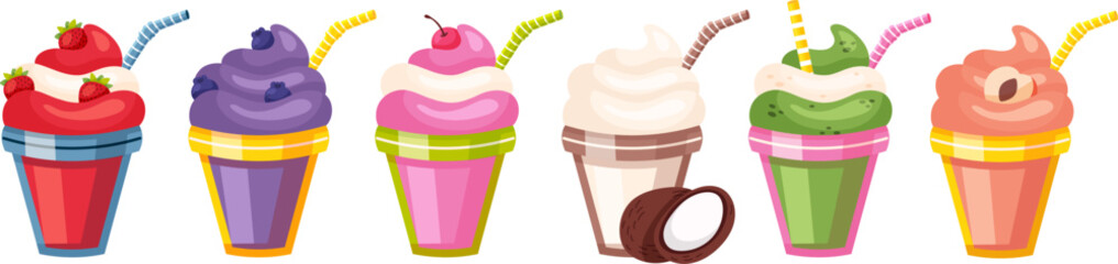 Milkshakes fruit cocktails and smoothie with straws in glasses cartoon vector illustration set