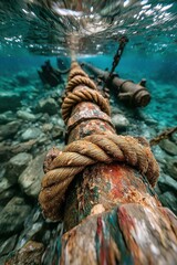 Underwater view of a rusted pipeline with rope in clear blue ocean