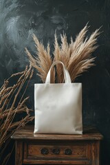 Large blank tote bag placed elegantly on a wooden table in soft light