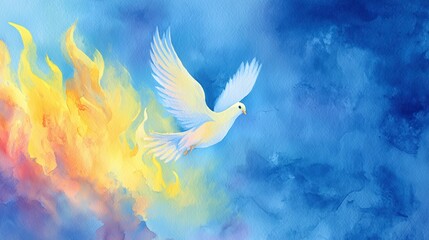 White dove flying amidst colorful flames in a blue background  