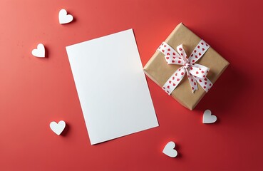 Valentines day greeting card mockup with gift box and small hearts on red background. Blank white postcard with copy space, holiday design. Festive present and surprise for love. Top view.