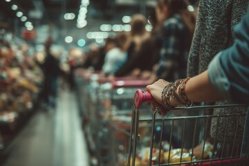 Crowded supermarket aisle with shopping carts and diverse shoppers